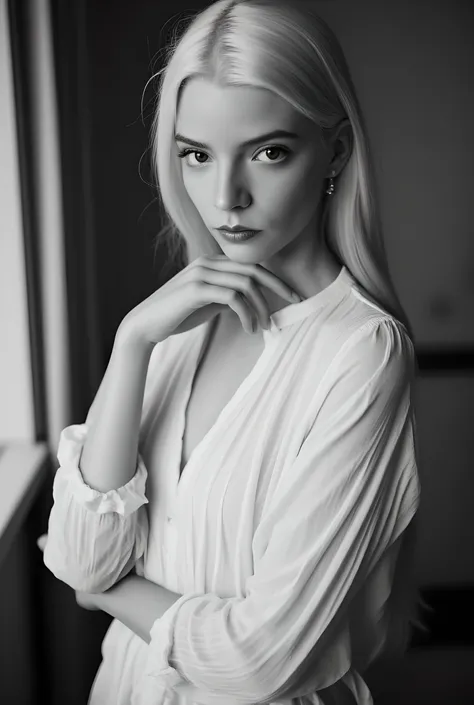 Portrait inspired by Peter Lindbergh's photographic style. Portrait in monochrome captures a girl in a contemplative pose. She has dark brown eyes and a sensual expression. Her long white hair is styled messily yet elegantly. She wears an open soft, billow...