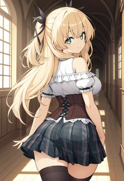 masterpiece, best quality, highres, scenery, newest, 1girl, official style, ren, blonde hair, green eyes, two side up, hair_ribbon, fully shoulders, white shirt, short sleeves, corset, plaid skirt, black thighhighs, five fingers, looking at viewer, smile,...