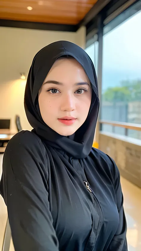 masterpiece, high quality, ultra-detailed, 1 girl, POV selfie, first person perspective, extended arm holding smartphone, full modest coverage, black hijab and niqab, flowing abaya, slight upward angle, eyes looking directly at camera, expressive eyes, nat...