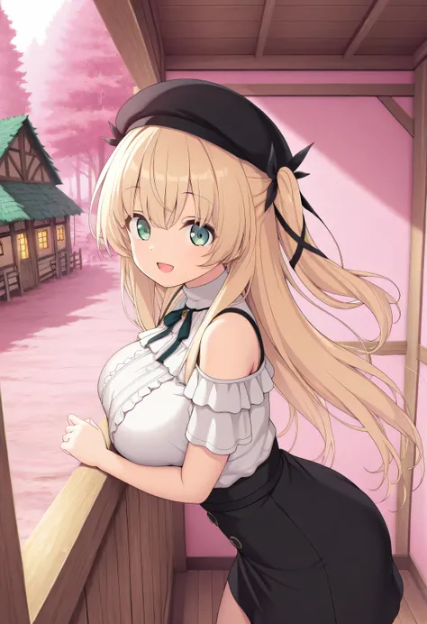 masterpiece, best quality, highres, scenery, newest, 1girl, official style, ren, blonde hair, green eyes, hair_ribbon, fully shoulders, pink, short sleeves, jackets, black skirts, hats, five fingers, looking at viewer, smile open mouth, normal breast, sta...