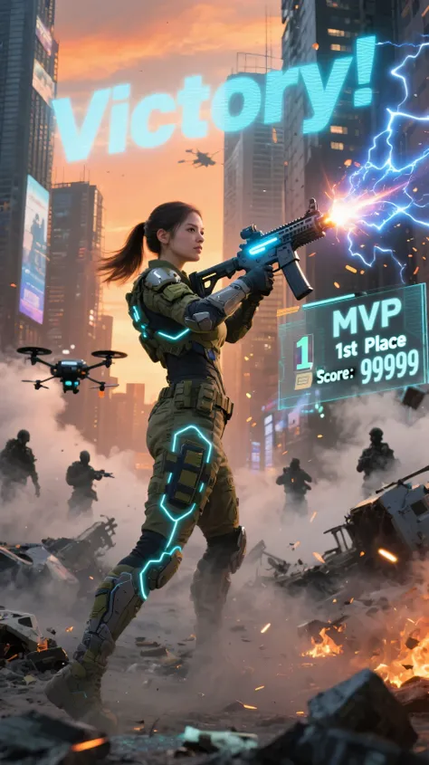 A victorious female soldier in a near-future FPS battlefield, wearing high-tech combat armor with glowing tactical lines, holding a glowing futuristic rifle with an intensely lit energy core and muzzle, illuminated to emphasize power and victory, taking a ...