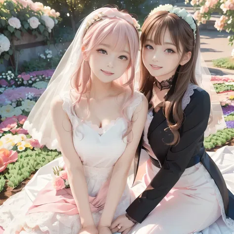 (masterpiece:1.5), (best quality:1.5), (ultra high res:1.4), (anime style:1.3), (two women:1.5), romantic wedding scene in a (beautiful outdoor garden:1.4), (full of blooming flowers:1.3), (bright daylight:1.3), (soft sunlight filtering through:1.2), one t...