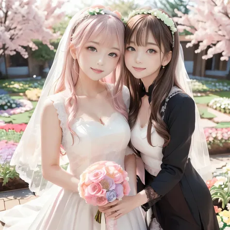 (masterpiece:1.5), (best quality:1.5), (ultra high res:1.4), (anime style:1.3), (two women:1.5), romantic wedding scene in a (beautiful outdoor garden:1.4), (full of blooming flowers:1.3), (bright daylight:1.3), (soft sunlight filtering through:1.2), one t...