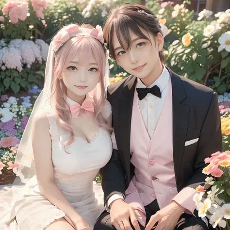 (masterpiece:1.5), (best quality:1.5), (ultra high res:1.4), (anime style:1.3), (two women:1.5), romantic wedding scene in a (beautiful outdoor garden:1.4), (full of blooming flowers:1.3), (bright daylight:1.3), (soft sunlight filtering through:1.2), one t...