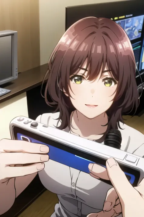can you draw a brown-haired shorthair woman playing a live video game,can you draw a live video game,draw a woman holding a game controller in both hands,Smile Yang,A pin microphone is attached,drawing a woman playing a live game in a room,operate the cont...