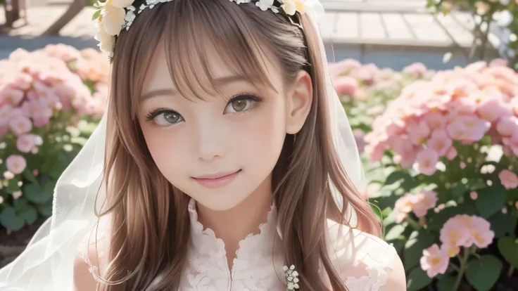 (masterpiece:1.5), (best quality:1.5), (ultra high res:1.4), (anime style:1.3), romantic wedding scene in a (beautiful outdoor garden:1.4), (full of blooming flowers:1.3), (bright daylight:1.3), (soft sunlight filtering through:1.2), a (tall elegant woman:...