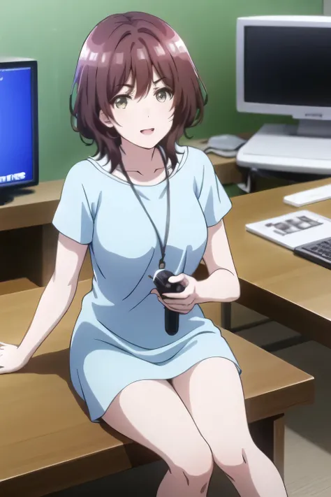 and a woman with short brown hair is comfortably rubbing ,can you draw a live video game,draw a woman holding a game controller in both hands,Smile Yang,A pin microphone is attached,drawing a woman playing a live game in a room,operate the controller whil...