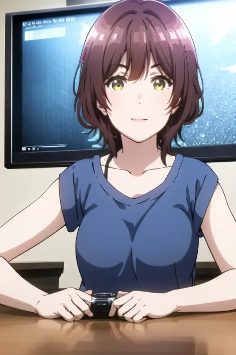 can you draw a woman who can afford to play games and a smiling woman？, and、A woman with short brown hair is comfortably rubbing her body。 ，woman holding games,両手でゲームfacial expression is importantを描いてください,smiling Yang，ピンマイク付き，draw a woman playing a live ga...