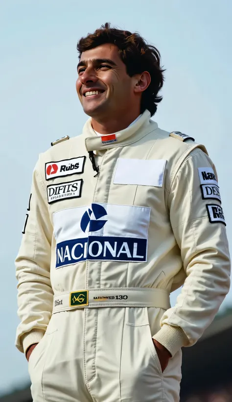 Ayrton Senna,Brazil🇧🇷,f1 driver、〜1994、Can you draw a plain white racing suit,smiling from above the sky,clear々Expression，,full body portrait，laughing，watching the circuit from above