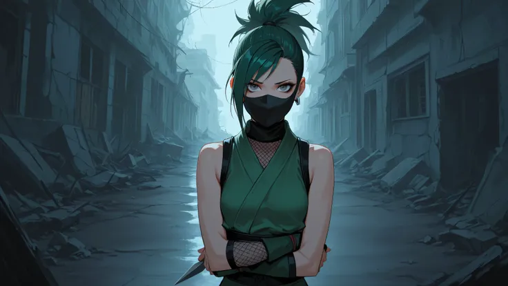 score_9_up, score_8_up, score_7, Source_ manga , Cinematic Lighting, 8k, ((Highest Quality, Crazy Resolution, sharp image)), grey eyes, green hair, ponytail, makeup, Iron Pointed Earrings, Shoulders, Simple Green Outfit, Ninja, plain mask, black detailed ...