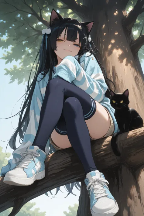 1boy, against tree, black cat ears, blue eyes, crossed legs, day, femboy, feminine, from below, girly, hair ornament, half-closed eyes, heterochromia, leaning over, oversized blue striped sweater, shorts, sitting in tree, sleeves past fingers, sleeves past...