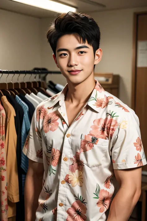 18-year-old male、Japanese、handsome guys、Macho、short hair、 apparel clerk、Hawaiian shirt、Smile Yan
