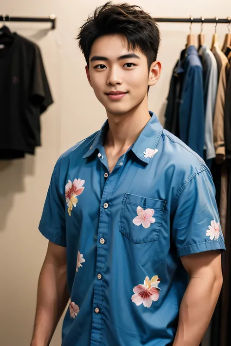 18-year-old male、Japanese、handsome guys、Macho、short hair、 apparel clerk、Hawaiian shirt、Smile Yan