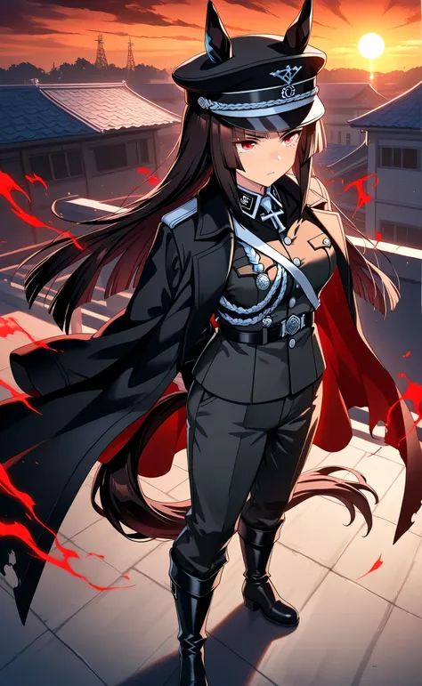 1female,solo,dark bay hair,long hair,hime-cut hair,red eyes,serious,horse ear,horse tail,black cape coat,hat,black waffen-SS Uniform,pants,black heeled boots,muscle,red aura,hand behind the back ,sexy,boobs,tall,school,japanese,rooftop,sunset,[Style] Uma M...