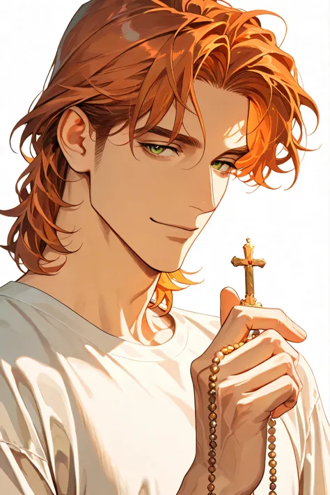 A handsome, mature Italian Korean adult male with brown orange hair and green eyes has a very gentle and gentle impression, and is wearing a short-sleeved shirt with a smile and a skinny body., Holding a rosary,white background, close-up, DYNAMIC ANGLE