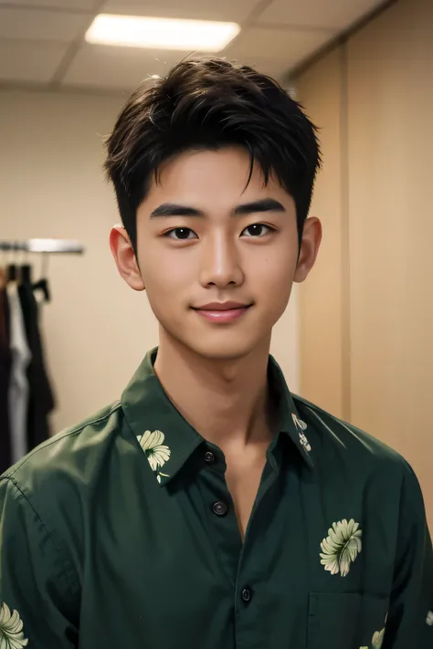 18-year-old male、Japanese、handsome guys、Macho、short hair、 apparel clerk、green aloha shirt、Smile Yan