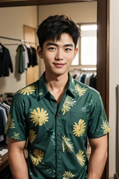 18-year-old male、Japanese、handsome guys、Macho、short hair、 apparel clerk、green aloha shirt、Smile Yan