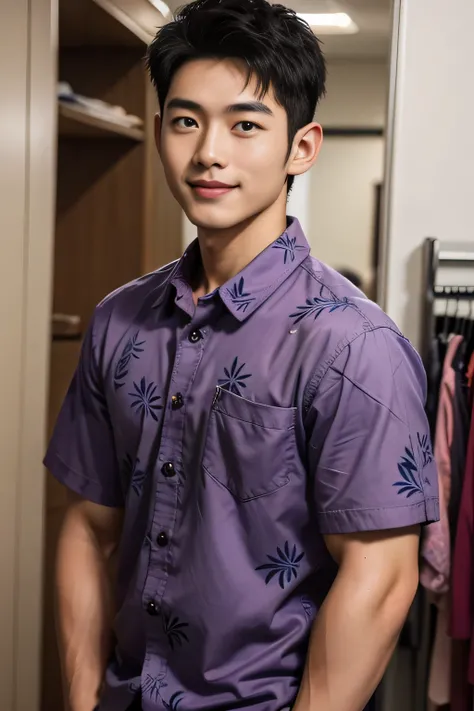 18-year-old male、Japanese、handsome guys、Macho、short hair、 apparel clerk、purple aloha shirt、Smile Yan