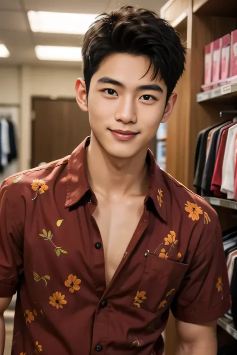 18-year-old male、Japanese、handsome guys、Macho、short hair、 apparel clerk、burgundy Hawaiian shirt、Smile Yan