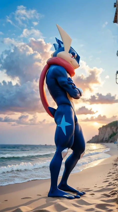(    masterpiece,     best quality:1.2),Alone,  greninja   macho     \(Pokémon\),Pokémon \(creature\),    full body bikini,          there are no humans,    arms extended   ,     blue skin    ,      tight pants looking at the viewer ,blue sky,  posture: St...