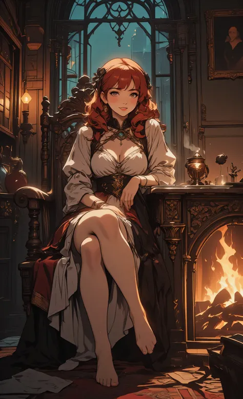 zavy-ctcmcs,hyp3rd3tail style, high details, a picture of a woman sitting near a fire place drinking warm tea, middle aged woman , exquisite beautiful woman, ultra detailed face (best details, Masterpiece, best quality), warm grin, red hair, long hair, wav...