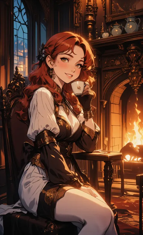 zavy-ctcmcs,hyp3rd3tail style, high details, a picture of a woman sitting near a fire place drinking warm tea, middle aged woman , exquisite beautiful woman, ultra detailed face (best details, Masterpiece, best quality), warm grin, red hair, long hair, wav...