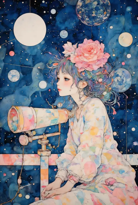 (Very beautiful and elaborate watercolor painting:1.5),((girl observing the sky with a telescope)), Cosmic Background Radiation、starry sky background、quality\(8k,非常に精細なCGユニットのWallpaper, masterpiece,high definition from people,top-quality,top-quality real t...