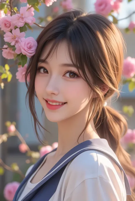 Real photo quality, real photo, absurd high quality, cute girl like a Japanese model in flowers, schoolgirl uniform, smiling face, natural makeup, colorful, bold pose, crazy color, look at the viewer, high quality, very detailed