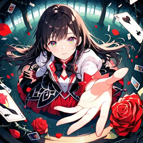 top view:1.37.(beautiful magician- color eyes-long hair, Dress，Alone).(outstretched arm,outstretched hand,reaching,reaching out).forest beneath feet,.fisheye perspective,top view。Falling tarot cards，Rain of playing cards，Red Rose，thorns