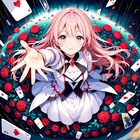top view:1.37.(beautiful magician- color eyes-long hair, Dress，Alone).(outstretched arm,outstretched hand,reaching,reaching out).forest beneath feet,.fisheye perspective,top view。Falling tarot cards，Rain of playing cards，Red Rose，thorns