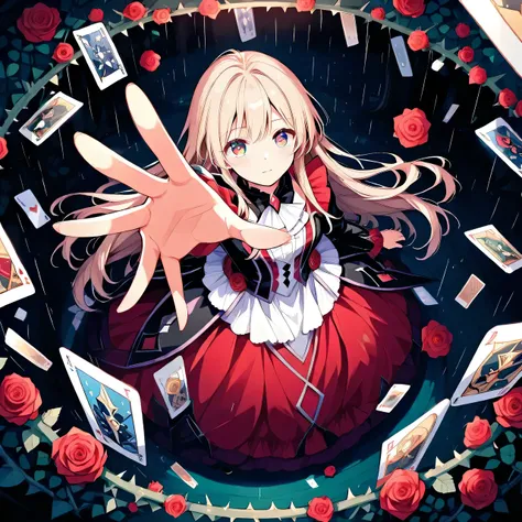 top view:1.37.(beautiful magician- color eyes-long hair, Dress，Alone).(outstretched arm,outstretched hand,reaching,reaching out).forest beneath feet,.fisheye perspective,top view。Falling tarot cards，Rain of playing cards，Red Rose，thorns