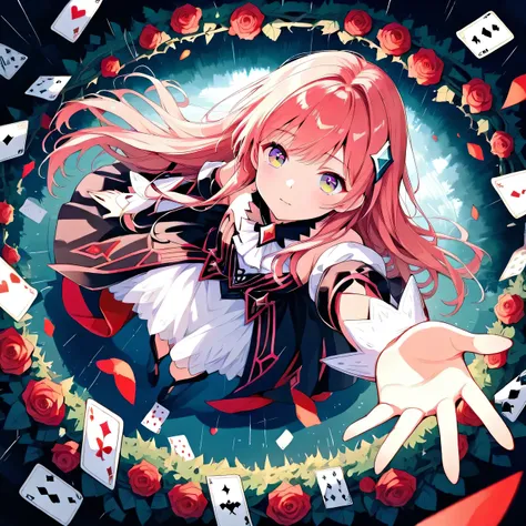top view:1.37.(beautiful magician- color eyes-long hair, Dress，Alone).(outstretched arm,outstretched hand,reaching,reaching out).forest beneath feet,.fisheye perspective,top view。Falling tarot cards，Rain of playing cards，Red Rose，thorns