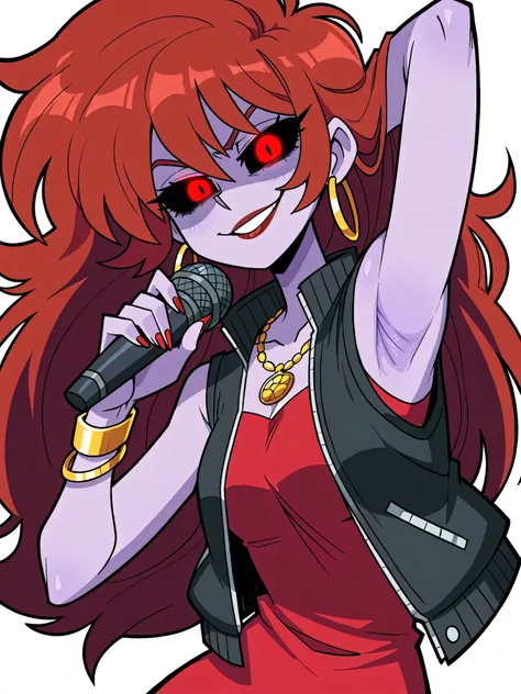 masterpiece, best quality, amazing quality, anime screencap, anime coloring, 1girl, solo, MommyMearestFNF, vanripper, skinny, purple skin, black eyes, black sclera, colored sclera, red glowing eyes, long volumized auburn hair, form-fitting red dress, black...