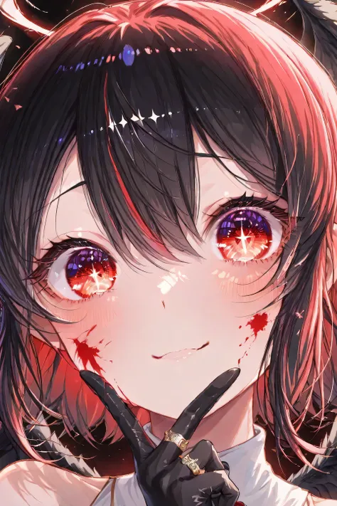 female、 I have blood on my cheeks、It has big black wings、Fallen Angel、cool、Red and black angel ring、in the dark、despair、shows the whole body。