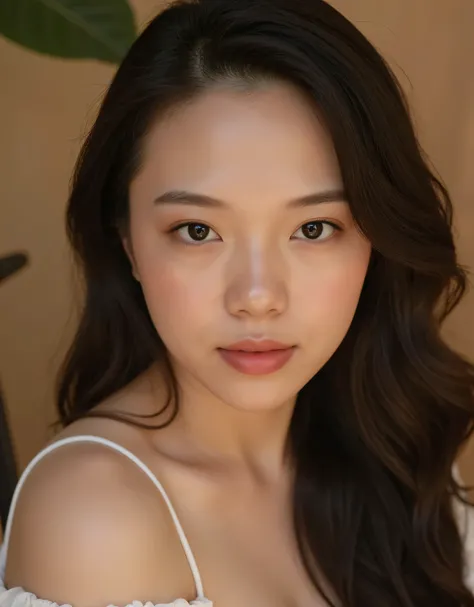 Ultra-high-resolution 8K portrait of a beautiful woman with a soft, natural look. Her skin is incredibly realistic, with a flawless, natural texture. Her hair is thick, wavy, and glossy, cascading down naturally with individual strands clearly visible. Her...