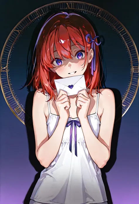 masterpiece,top quality,Super Detail,8k,pop design, yandere, 1girl, letterを持つ女の子 red hair cute white camisole ribbon simple background Blue and purple, letter, glow, night style, golden ratio, fibonacci composition, night mode