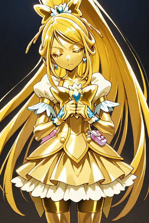 Cure Aqua, masterpiece, best quality, Newest, Very High Definition, closed eyes, yellow hair, yellow sclera, closed mouth, No students, Yellow skin, shiny skin, metal skin, Black eyebrows, Hanging Eyebrows, 1girl, solo, cowboy shot, Good posture, standin...