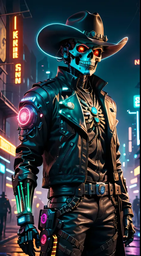 cyber punk perssonage,Skeleton Robot Cowboy Sheriff,Mysterious dark background,neonlight,cybernetically enhanced,Weapons of the future,wearing a cowboy hat+neonlight边缘,Bionic arm,metal chin,red luminous eyes,dystopian city,Focus sharp,Steely texture,vivd c...