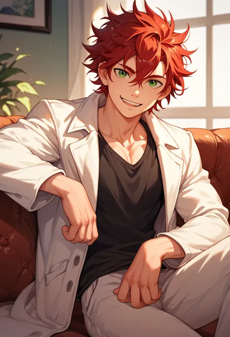 red hair, man, green eyes, white skin, strong, black shirt, focus on character, indoors, sitting on sofa, smiling, cheerful, messy hair, looking at viewer, anime style, athletic, white coat, young, open arms