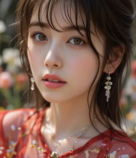 Accurate, Top Quality, Masterpiece, Precision, Ultra-Detailed, Anatomically Correct, Meticulous, High Quality, (Photorealistic: 1.2), Sharp Focus, Cute Girl, Accurate and Perfect Human , Knee-High Shot, Alluring, Sexy, , Beautiful, Translucent Red Dress, (...