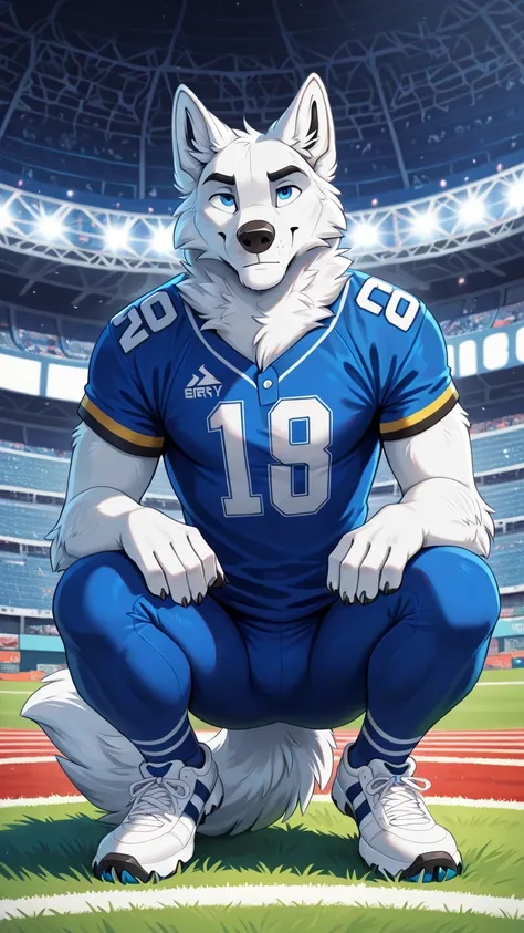 american football stadium background, blue eye, Reflections,  ginebra1, Anthropomorphic, Adult Wolf, without humans,   by ango76 ,    masterpiece, best quality,very aesthetic, newest,  anthropoid, mammal, a child, Clothes, Alone, byry, byry Macho, sexist a...