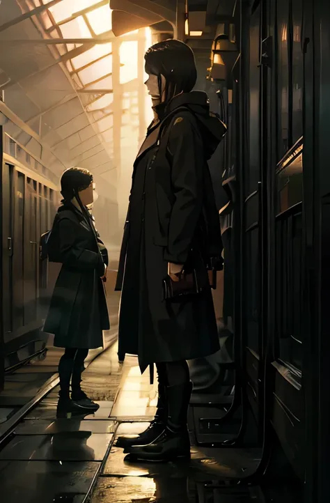 a young girl standing alone on a vintage train platform, steam rising around her leather boots, morning fog and train steam creating ethereal wisps, soft diffused sunlight filtering through the mist, nostalgic railway station architecture, iron and brass d...