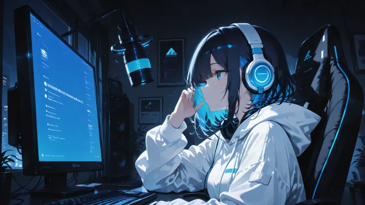 masterpiece, one girl, black medium hair, short cut, blue inner hair, asian, blue eyes, 
wearing white oversized hoody, wearing headphone, enjoying listening to the music, in her room
