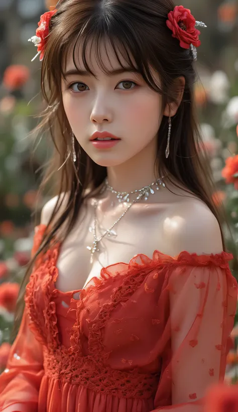 Accurate, top quality, masterpiece, precise, ultra-detailed, anatomically accurate, meticulous, high quality, (photorealistic: 1.2), sharp focus, cute girl, accurate and perfect human , above-knee shot, alluring, sexy, , beautiful, translucent red dress, (...