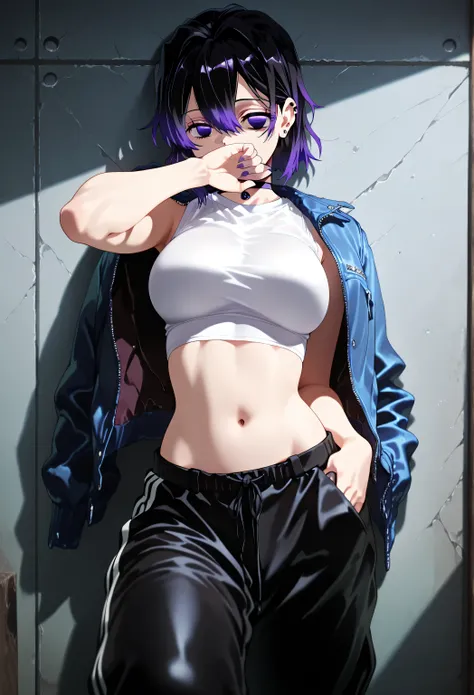 masterpiece,best quality,amazing quality, 1girl, jacket on shoulders, black hair, navel, short hair, choker, black pants, shinobu kocho, looking at viewer, midriff, white shirt, hand in pocket, multicolored hair, crop top, gradient hair, purple eyes, stand...