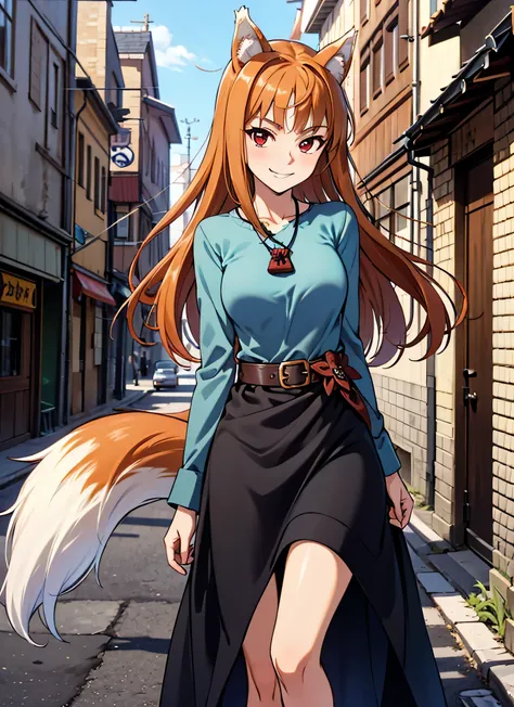 check_9, check_8_up, check_7_up, Source_anime, masterpiece, bright colors, Best quality, detailed, high definition, absurdress, 1 maiden, long hair, brown hair, Animal ears, red eyes, fox tail, necklace, dress, belt, Bag , hand on thigh, smile, smirk, ci...