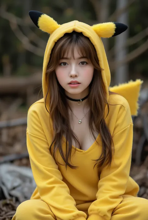 Score 9, Score 8_up, Score 7_up, One girl, ((Tied up Pikachu cosplay: 1.3)), Beautiful face, Detailed perfect face, Big even eyes, (Alluring), Perfect round bust, Sports bra, ((Tied up arms bent behind)), (Sexy and cute girl), Blush, Alluring, Sexy, , Beau...