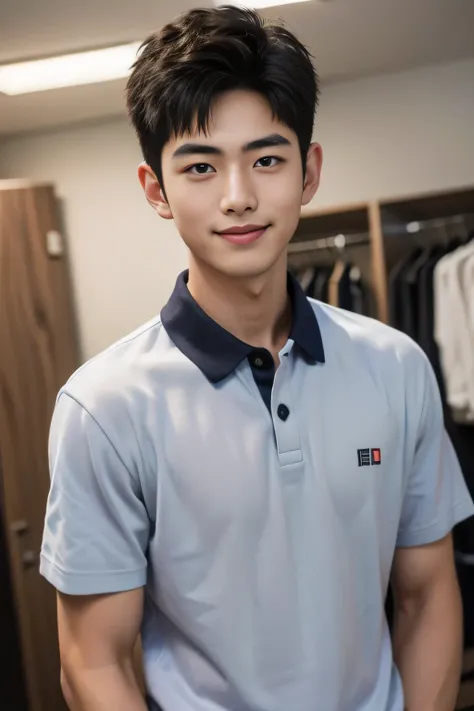 18-year-old male、Japanese、handsome guys、Macho、short hair、 apparel clerk、polo shirt、Smile Yan