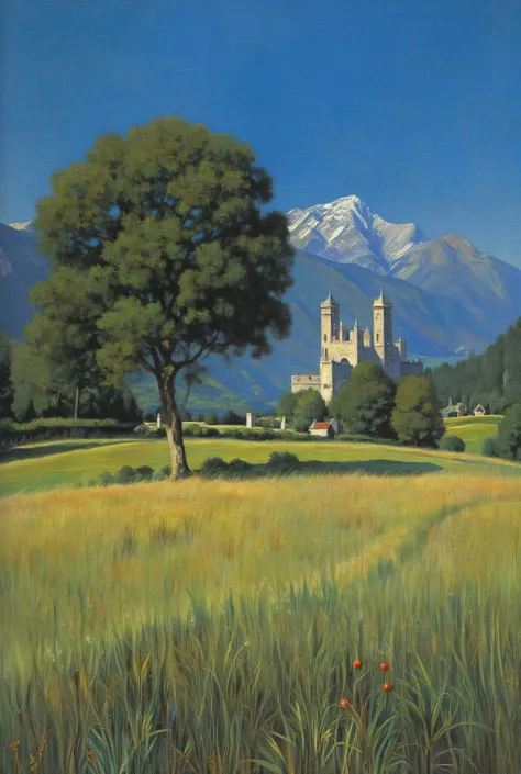Green plain, covered with tall, fine grass. A large fruit tree in the background. A small path subtly opens its way to the horizon. In the distance, rugged and sharp mountains house a medieval castle. The sky is deep blue