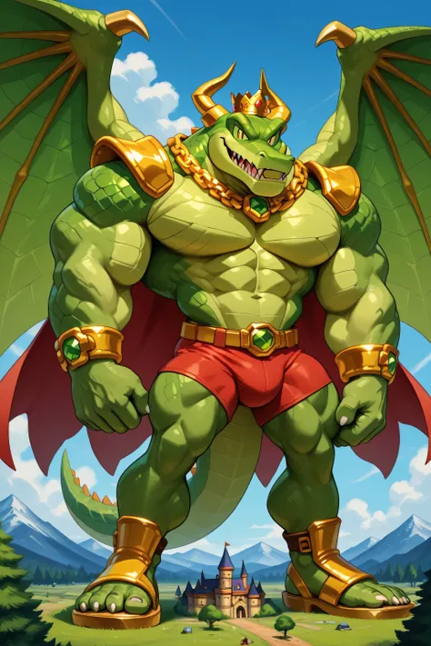a green giant bad muscular weredragon with saturaded green emerald scales, gigantic chin, 2 gigantic golden, ruby, diamond and emerald wings, golden horns, sharp teeth, fangs, sharp claws, golden chest with colorful jewels, golden armor with colorful jewel...